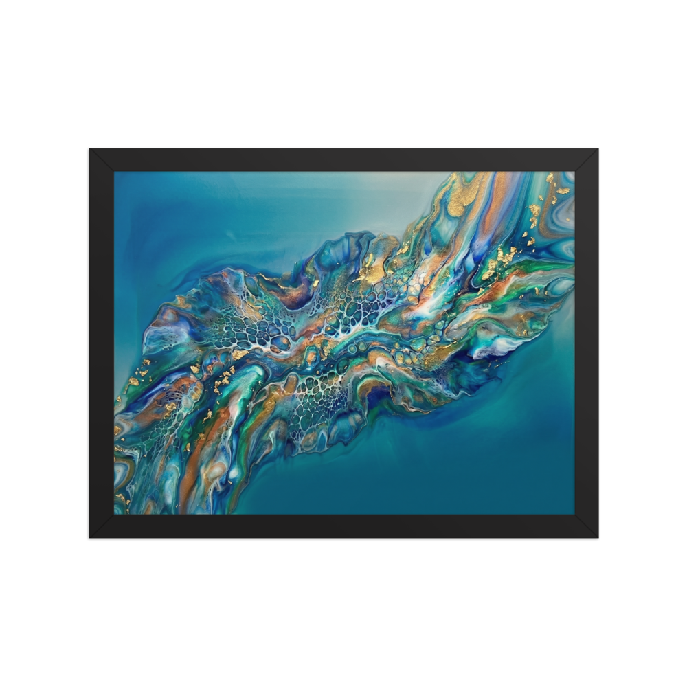 'Teal Nebula' — a Abstract art print. A sweeping teal and gold fluid abstract artwork with cellular patterns, perfect for a Living Room.