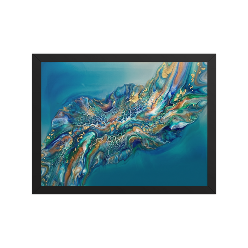 'Teal Nebula' — a Abstract art print. A sweeping teal and gold fluid abstract artwork with cellular patterns, perfect for a Living Room.