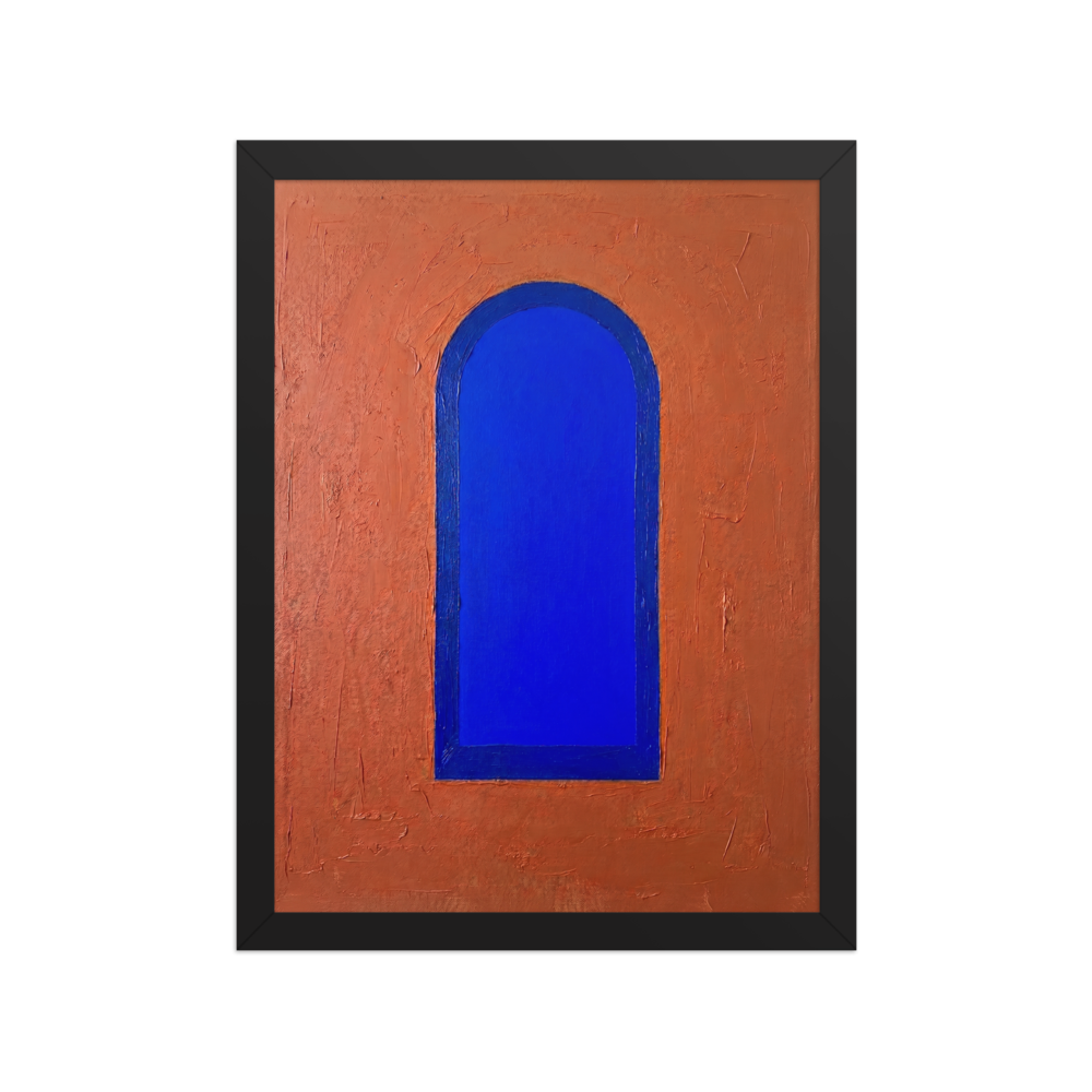 'The Blue Arch' — a Minimalism print. An abstract impasto painting featuring a vivid blue arch against a textured orange background, ideal for a modern Hallway.