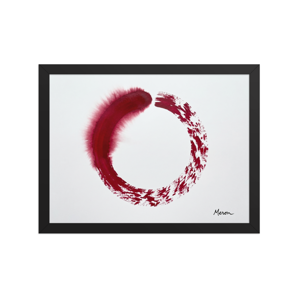 'Crimson Enso' — a Minimalism,Abstract expressionism print. Minimalist painting of a single deep red Enso circle on a white background, offering a serene yet bold focal point for a meditation room or office.