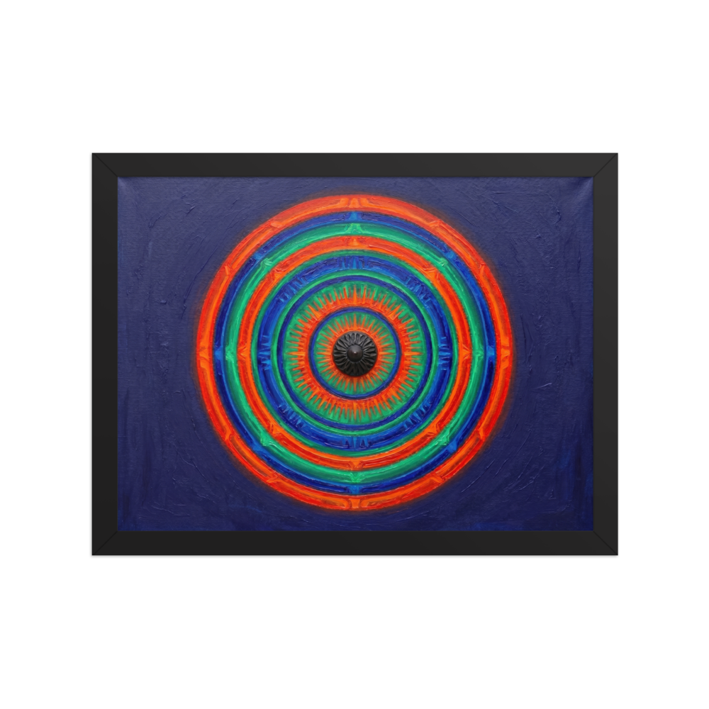 'Chromatic Pulse' — a Op Art print. A vibrant, textured abstract painting featuring concentric circles of green, orange, and blue on a deep blue background, perfect for a Game Room.
