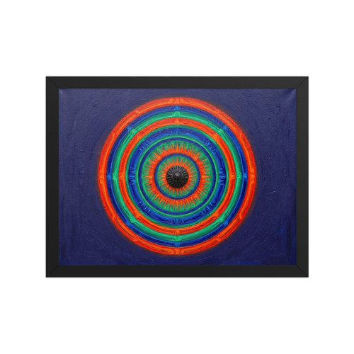 'Chromatic Pulse' — a Op Art print. A vibrant, textured abstract painting featuring concentric circles of green, orange, and blue on a deep blue background, perfect for a Game Room.