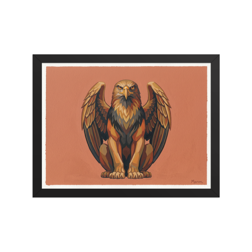 'The Golden Griffin' — a Art Deco print. A stylized, warm-toned illustration of a griffin sitting proudly against a terracotta background, ideal for an Office or Library.