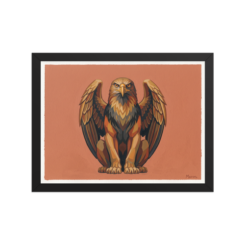 'The Golden Griffin' — a Art Deco print. A stylized, warm-toned illustration of a griffin sitting proudly against a terracotta background, ideal for an Office or Library.
