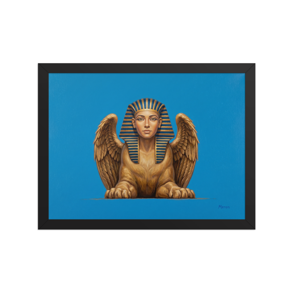 'The Golden Sphinx' — a Realism print. A detailed painting of a golden winged sphinx with a pharaoh's headdress set against a bright blue background, ideal for an Office.