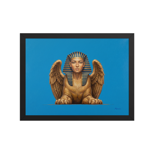 'The Golden Sphinx' — a Realism print. A detailed painting of a golden winged sphinx with a pharaoh's headdress set against a bright blue background, ideal for an Office.