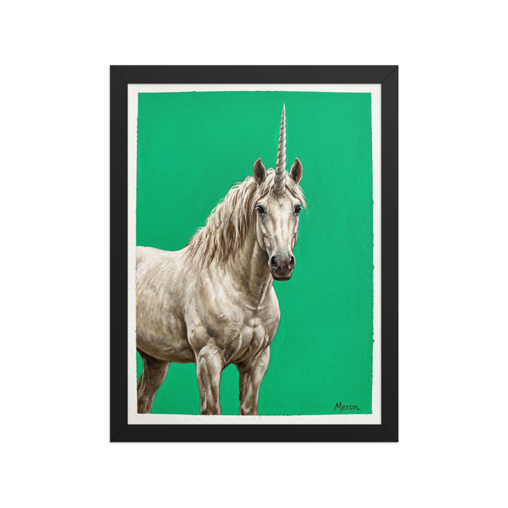 'The Emerald Unicorn' — a Realism print. A detailed painting of a white unicorn standing against a vibrant green background, perfect for a magical Nursery or Playroom.