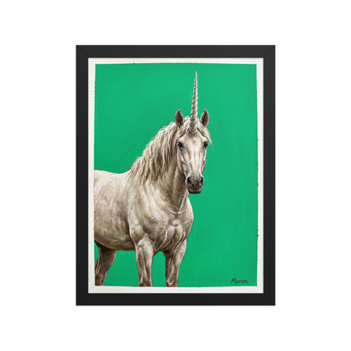 'The Emerald Unicorn' — a Realism print. A detailed painting of a white unicorn standing against a vibrant green background, perfect for a magical Nursery or Playroom.