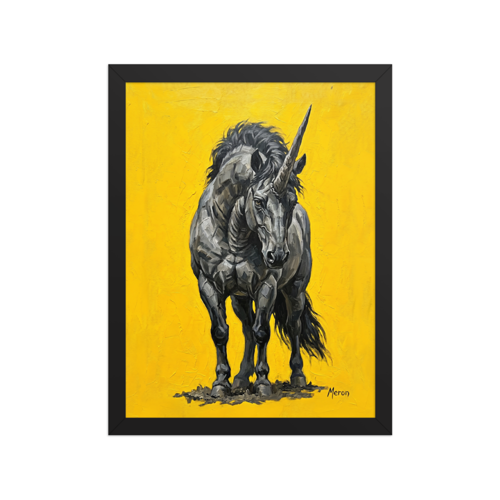 'The Iron Horn' — a Expressionism print. An expressive impasto painting of a dark grey unicorn against a bright yellow background, suitable for a striking Office.