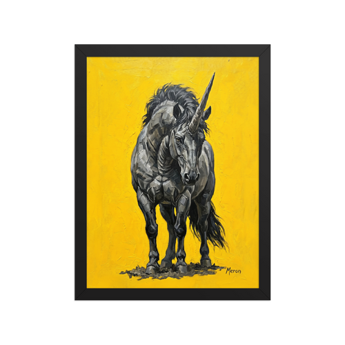 'The Iron Horn' — a Expressionism print. An expressive impasto painting of a dark grey unicorn against a bright yellow background, suitable for a striking Office.