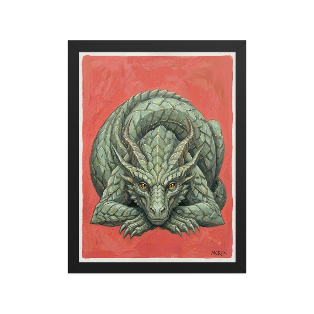 'Slumbering Drake' — a Fantastic realism print. A detailed painting of a green dragon sleeping against a warm red background, perfect for a cozy Library or Nursery.