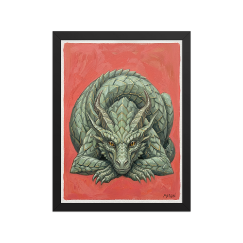 'Slumbering Drake' — a Fantastic realism print. A detailed painting of a green dragon sleeping against a warm red background, perfect for a cozy Library or Nursery.