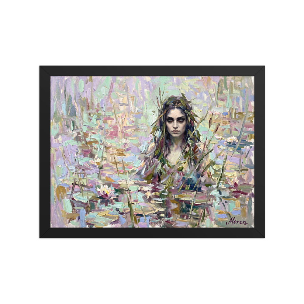 'The Lily Nymph' — a Impressionism print. A heavily textured impasto painting of a mystical woman in a lily pond with pastel colors, ideal for a relaxing Bathroom.