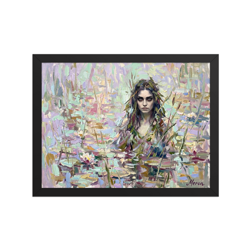 'The Lily Nymph' — a Impressionism print. A heavily textured impasto painting of a mystical woman in a lily pond with pastel colors, ideal for a relaxing Bathroom.