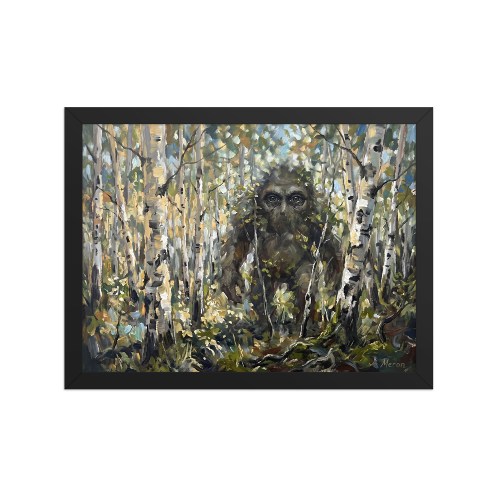 'Forest Watcher' — a Expressionism print. A thick oil painting of a mysterious sasquatch-like figure camouflaged within a dense birch forest, perfect for a cozy cabin or den.
