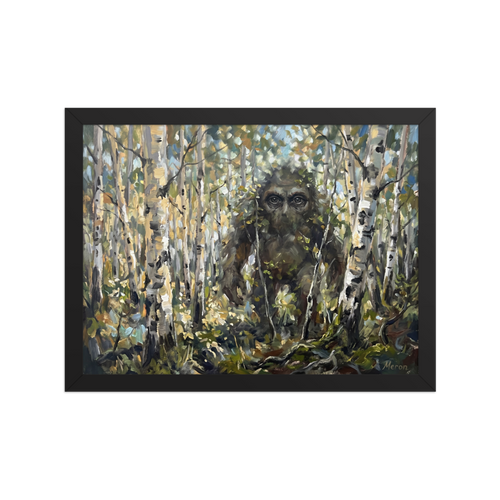 'Forest Watcher' — a Expressionism print. A thick oil painting of a mysterious sasquatch-like figure camouflaged within a dense birch forest, perfect for a cozy cabin or den.