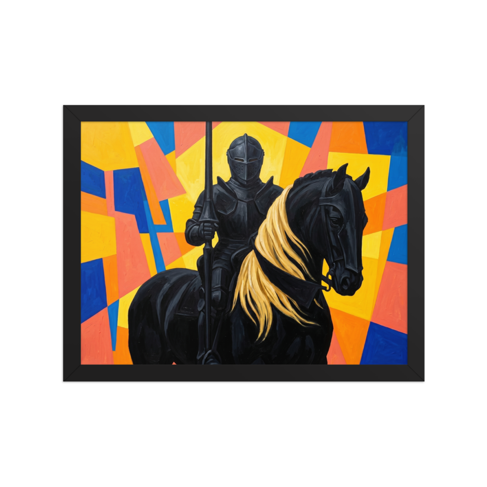 'The Abstract Knight' — a Cubism,Figurative art print. A bold painting of a dark knight on a black horse with a blonde mane, set against a bright, abstract geometric background in yellow, blue, and orange.