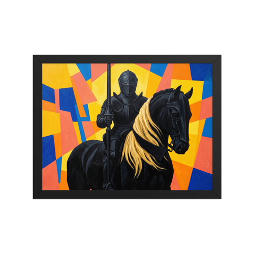 'The Abstract Knight' — a Cubism,Figurative art print. A bold painting of a dark knight on a black horse with a blonde mane, set against a bright, abstract geometric background in yellow, blue, and orange.