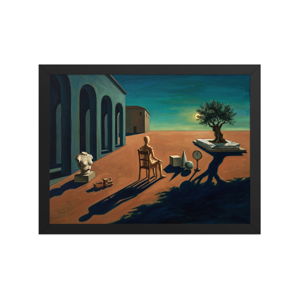 'The Silent Observer's Horizon' — a Metaphysical painting print. A metaphysical oil painting featuring a wooden mannequin sitting in a chair facing a lone tree in a desolate plaza, perfect for an Office or Living Room.