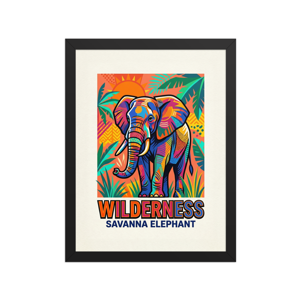 'Savanna Elephant Wilderness' — a Pop art print. A colorful pop art poster of an elephant in a vibrant savanna setting, perfect for bringing energy to a playful living room.