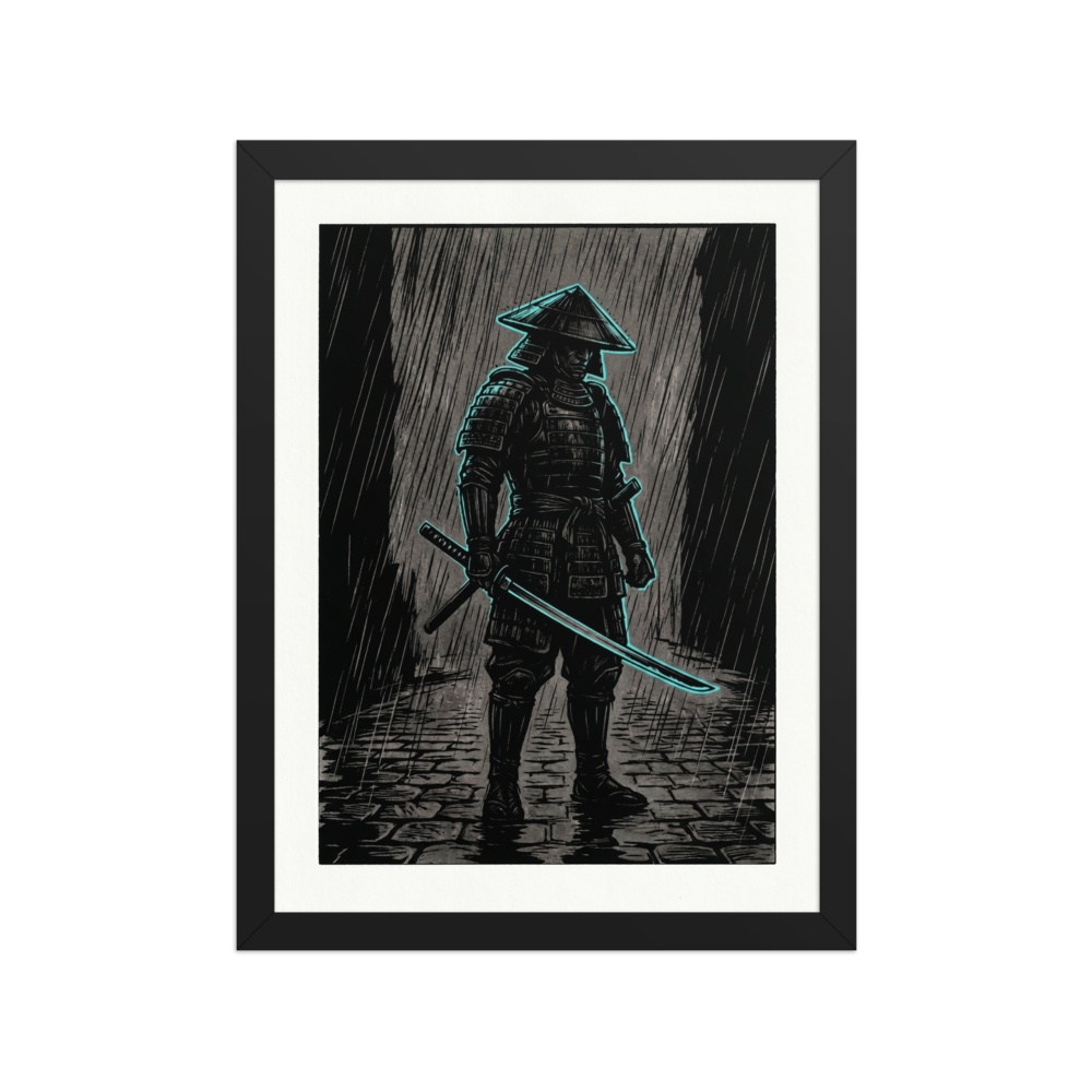 'Cyber Samurai in the Rain' — a Ukiyo-e,Retrofuturism print. Dark ink illustration of a samurai in the rain with a glowing neon cyan outline, perfect for a modern office or man cave.