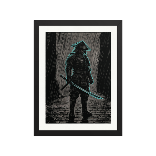 'Cyber Samurai in the Rain' — a Ukiyo-e,Retrofuturism print. Dark ink illustration of a samurai in the rain with a glowing neon cyan outline, perfect for a modern office or man cave.