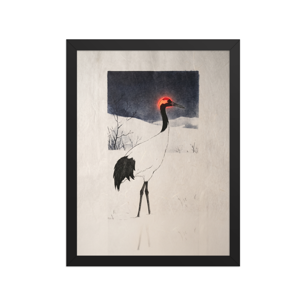 'Winter Crane's Neon Crown' — a Ukiyo-e,Surrealism print. Traditional ink-style painting of a white crane in a winter landscape with its red crown glowing like neon light, perfect for adding a peaceful yet modern touch to a living room.