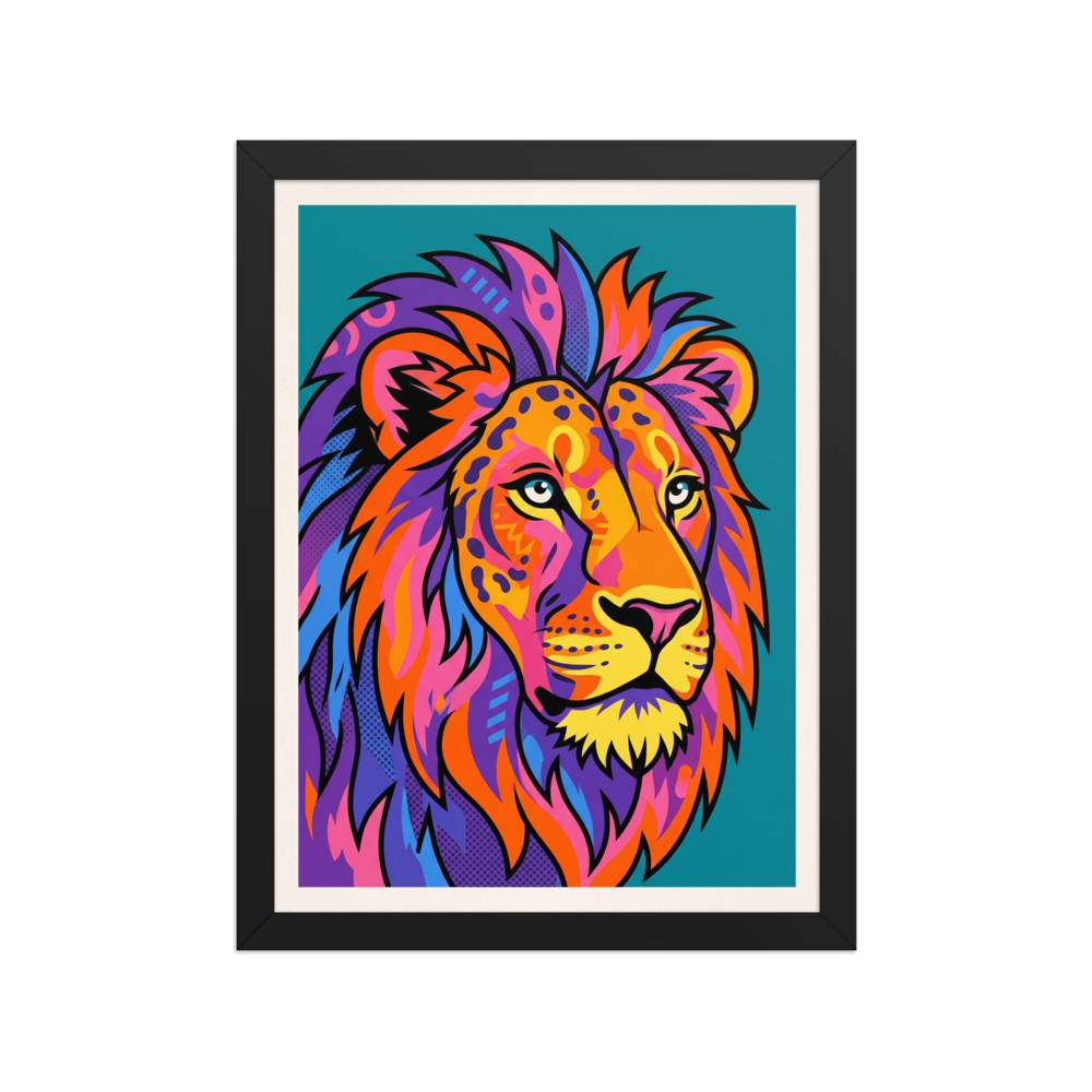 'Neon King' — a Pop art print. A vibrant pop art poster of a majestic lion's head in neon colors like purple, orange, and pink, perfect for a dynamic office or living room.
