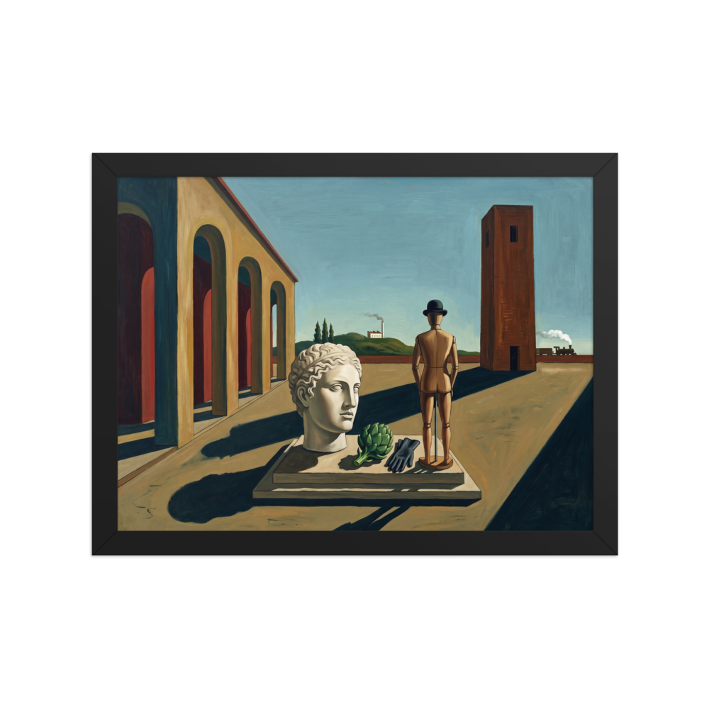 'The Enigma of the Industrial Mind' — a Metaphysical painting print. A metaphysical painting featuring a classical head, artichoke, and mannequin in a bowler hat standing in an empty plaza, perfect for an Office.
