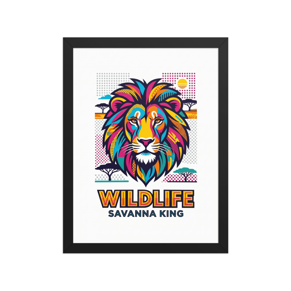 'Savanna King Wildlife' — a Pop art print. A vibrant pop art graphic of a lion's head set against a stylized savanna landscape with the text WILDLIFE SAVANNA KING, perfect for a playful office or game room.