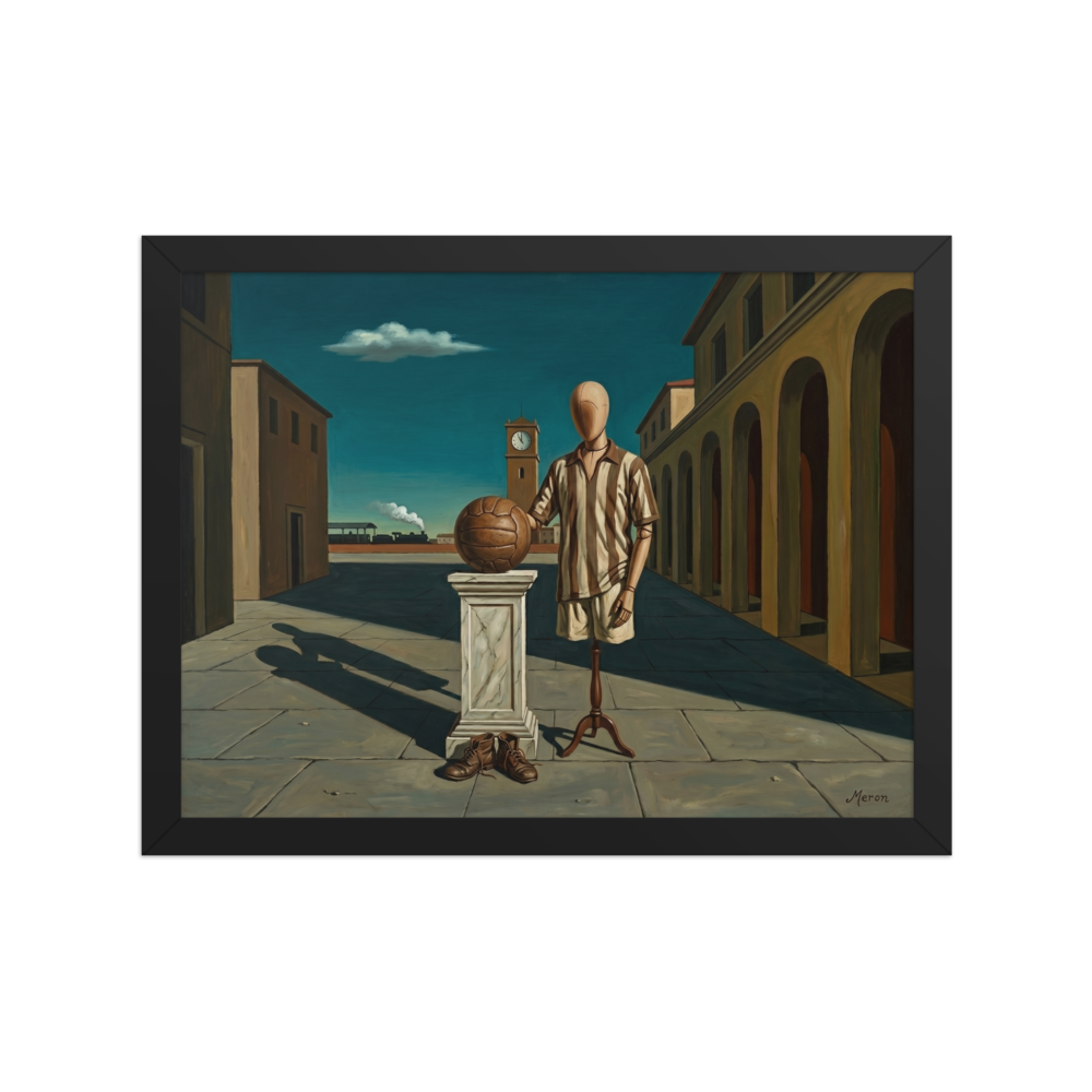 'The Athlete's Illusion' — a Metaphysical painting print. A metaphysical oil painting featuring a mannequin in sports clothing next to a leather ball in an Italian plaza, perfect for a Game Room.