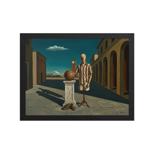 'The Athlete's Illusion' — a Metaphysical painting print. A metaphysical oil painting featuring a mannequin in sports clothing next to a leather ball in an Italian plaza, perfect for a Game Room.