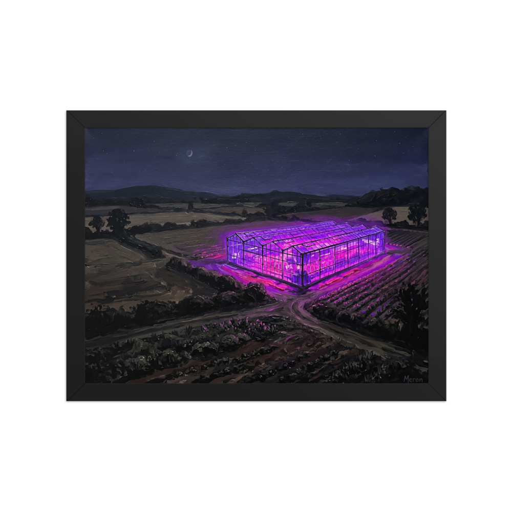 'Midnight Purple Harvest' — a Magic realism,Impressionism print. Oil painting of a dark rural landscape at night, centered on a large greenhouse glowing with bright purple light, ideal for adding a surreal touch to a living room or office.