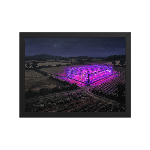 'Midnight Purple Harvest' — a Magic realism,Impressionism print. Oil painting of a dark rural landscape at night, centered on a large greenhouse glowing with bright purple light, ideal for adding a surreal touch to a living room or office.