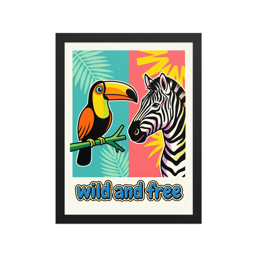 'Wild and Free Toucan Zebra' — a Pop art print. A split background pop art poster featuring a toucan on the left and a zebra on the right with the text wild and free, perfect for a lively nursery or playroom.