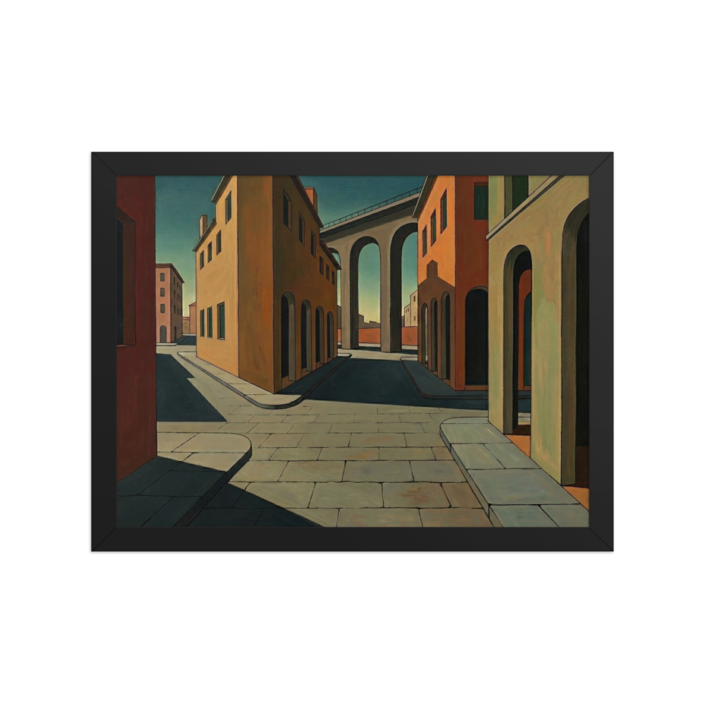 'The Silent Intersection' — a Metaphysical painting print. An oil painting of a completely empty city street with arched buildings and a large bridge in the background, perfect for a Living Room.