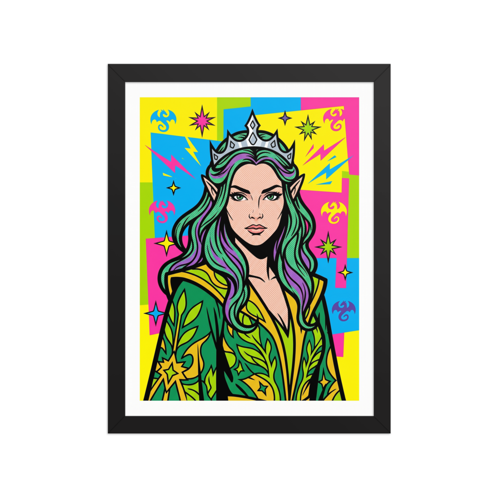 'Elven Queen of Pop' — a Pop art print. A comic-book style pop art poster featuring an elven queen with green hair and a crown against a bright colorful background with stars, perfect for a modern bedroom.