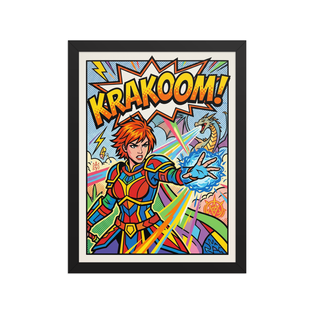 'Krakoom Warrior Blast' — a Pop art print. A comic-book style pop art poster of a female warrior casting a magic blast with a dragon in the background and the text KRAKOOM, perfect for a lively game room.