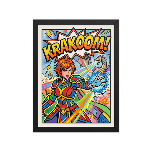 'Krakoom Warrior Blast' — a Pop art print. A comic-book style pop art poster of a female warrior casting a magic blast with a dragon in the background and the text KRAKOOM, perfect for a lively game room.