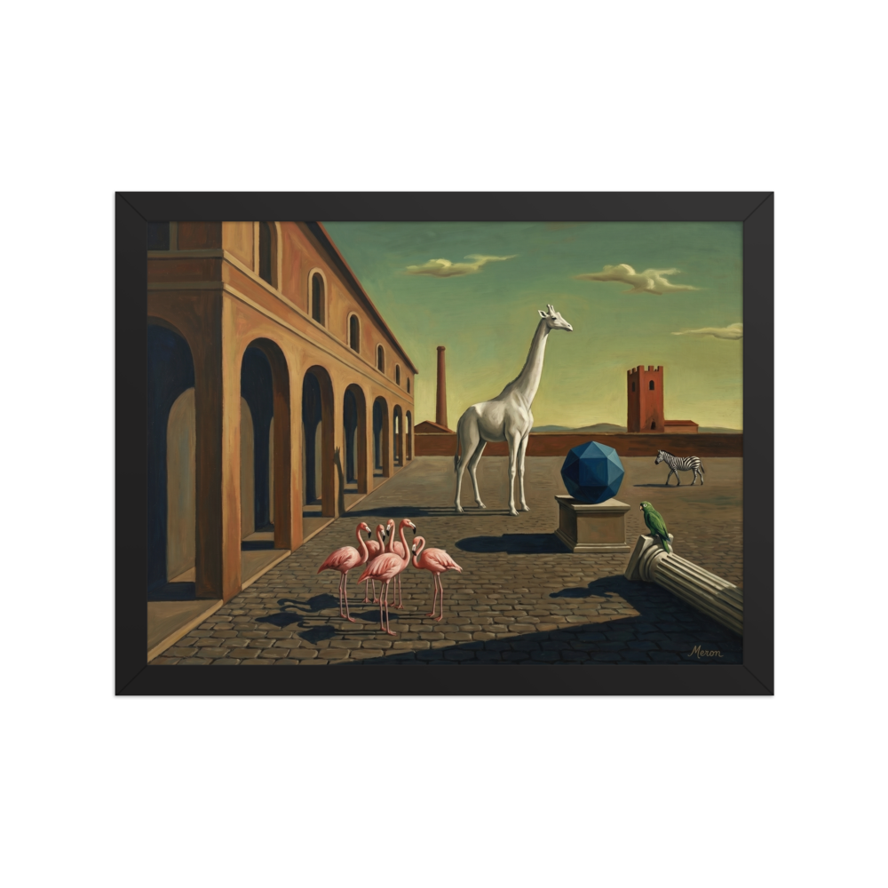 'The Giraffe's Geometry' — a Surrealism print. A surreal painting of a white giraffe, flamingos, and a blue geometric shape in an empty plaza, perfect for a Living Room.