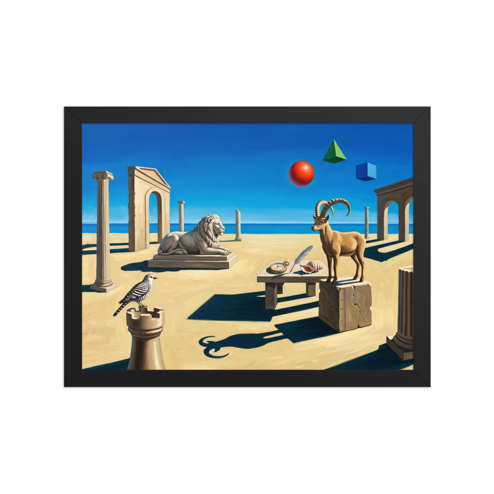 'The Keeper of Sands and Time' — a Surrealism print. A surreal painting showing a stone lion, an ibex, and floating shapes on a sandy beach under a blue sky, perfect for a Bedroom.