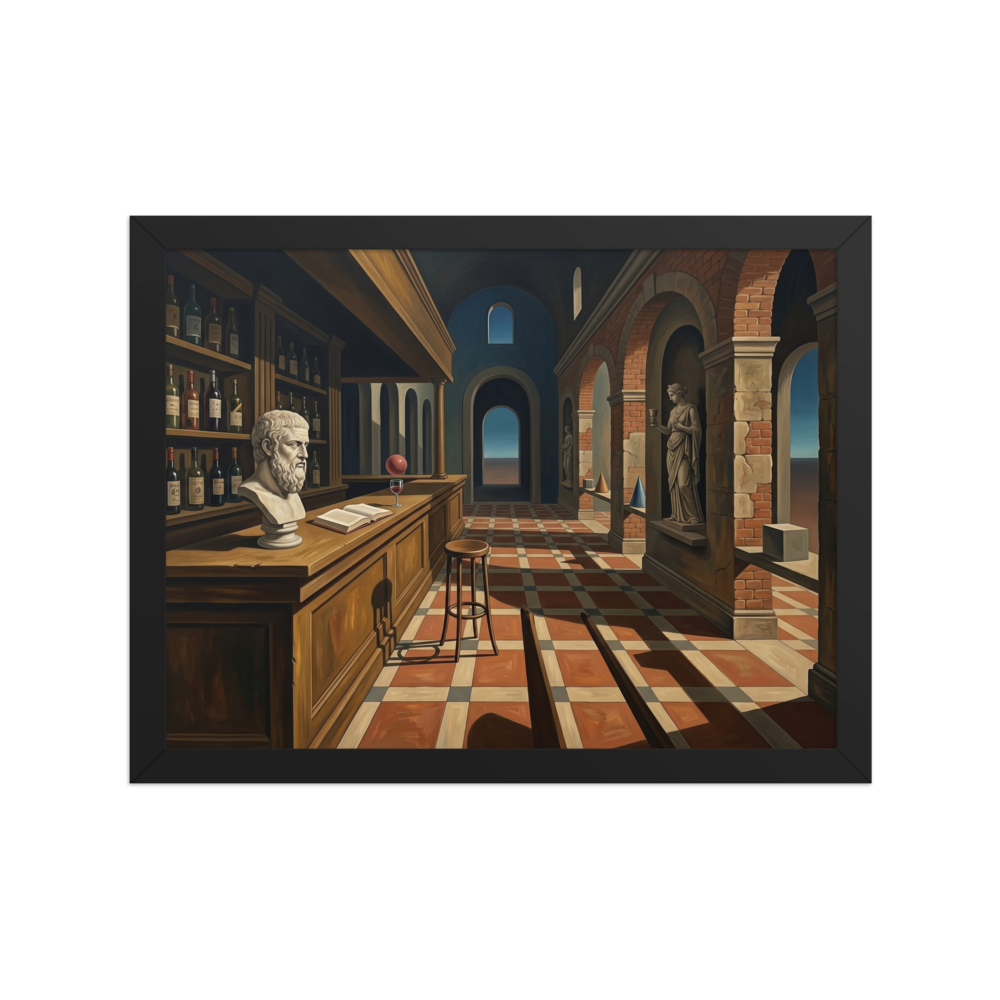'The Philosopher's Tavern' — a Metaphysical painting print. A metaphysical painting of a tavern interior featuring a philosopher bust, a floating red sphere, and classical arches, perfect for a Home Bar.