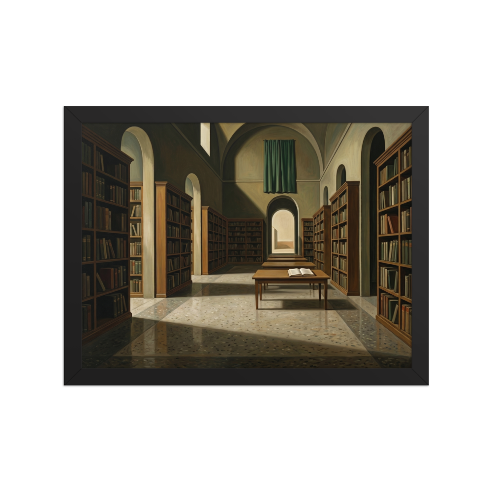 'The Silent Archive' — a Metaphysical painting print. An oil painting of a vast, silent library with an open book on a central table, perfect for an Office or Library.
