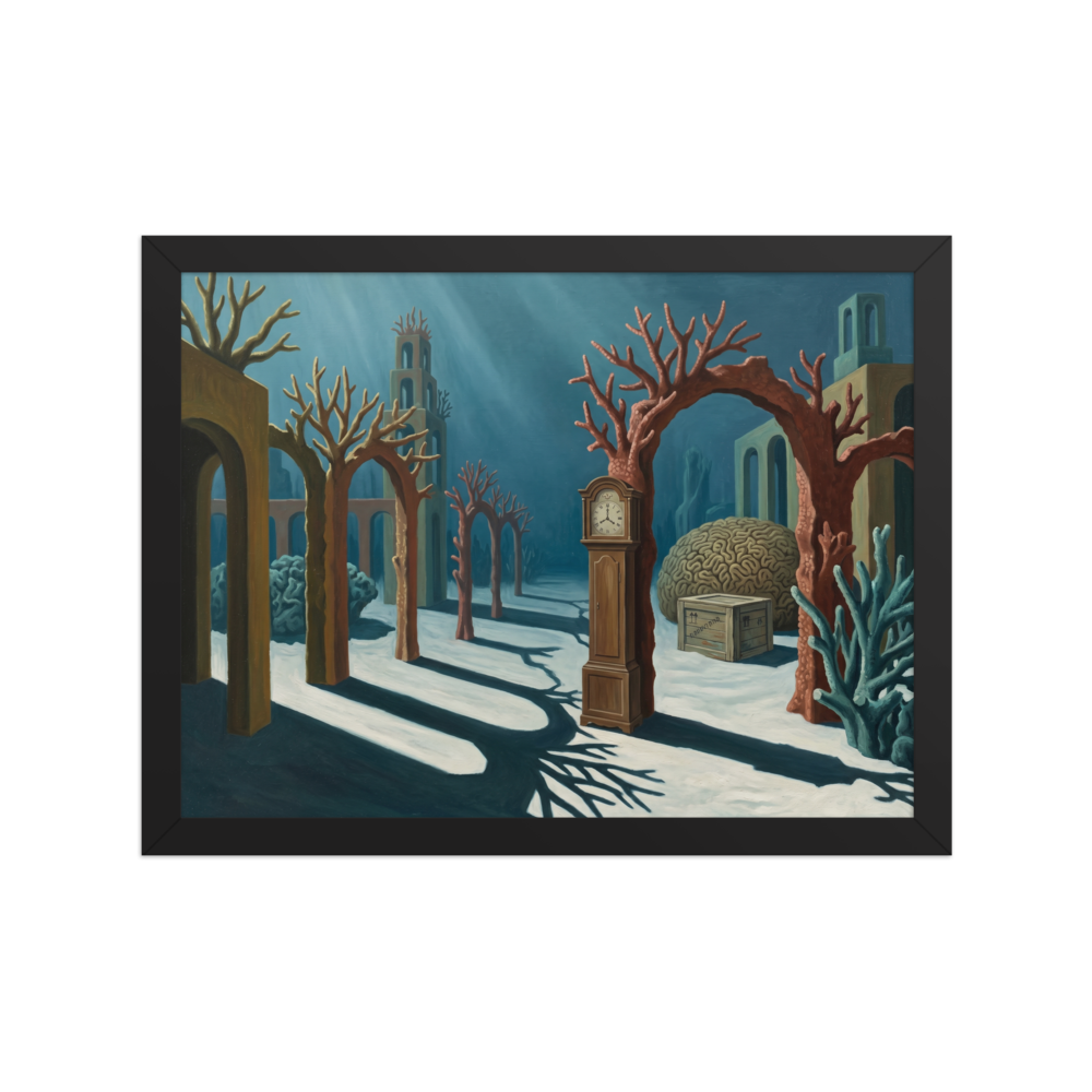 'The Sunken Hours' — a Surrealism print. A surreal underwater painting of a grandfather clock standing among coral arches on the ocean floor, perfect for a Bathroom.