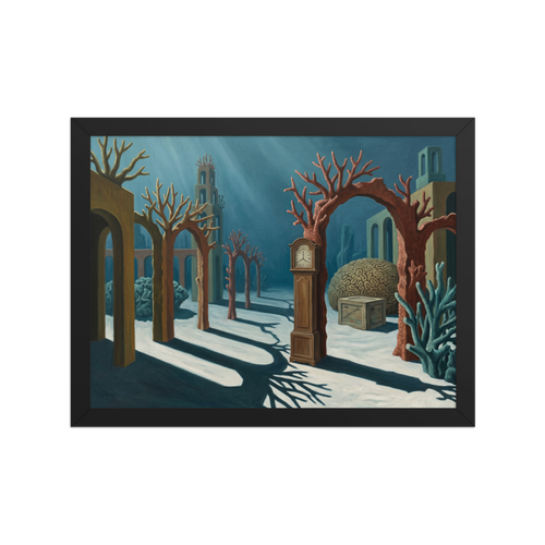 'The Sunken Hours' — a Surrealism print. A surreal underwater painting of a grandfather clock standing among coral arches on the ocean floor, perfect for a Bathroom.