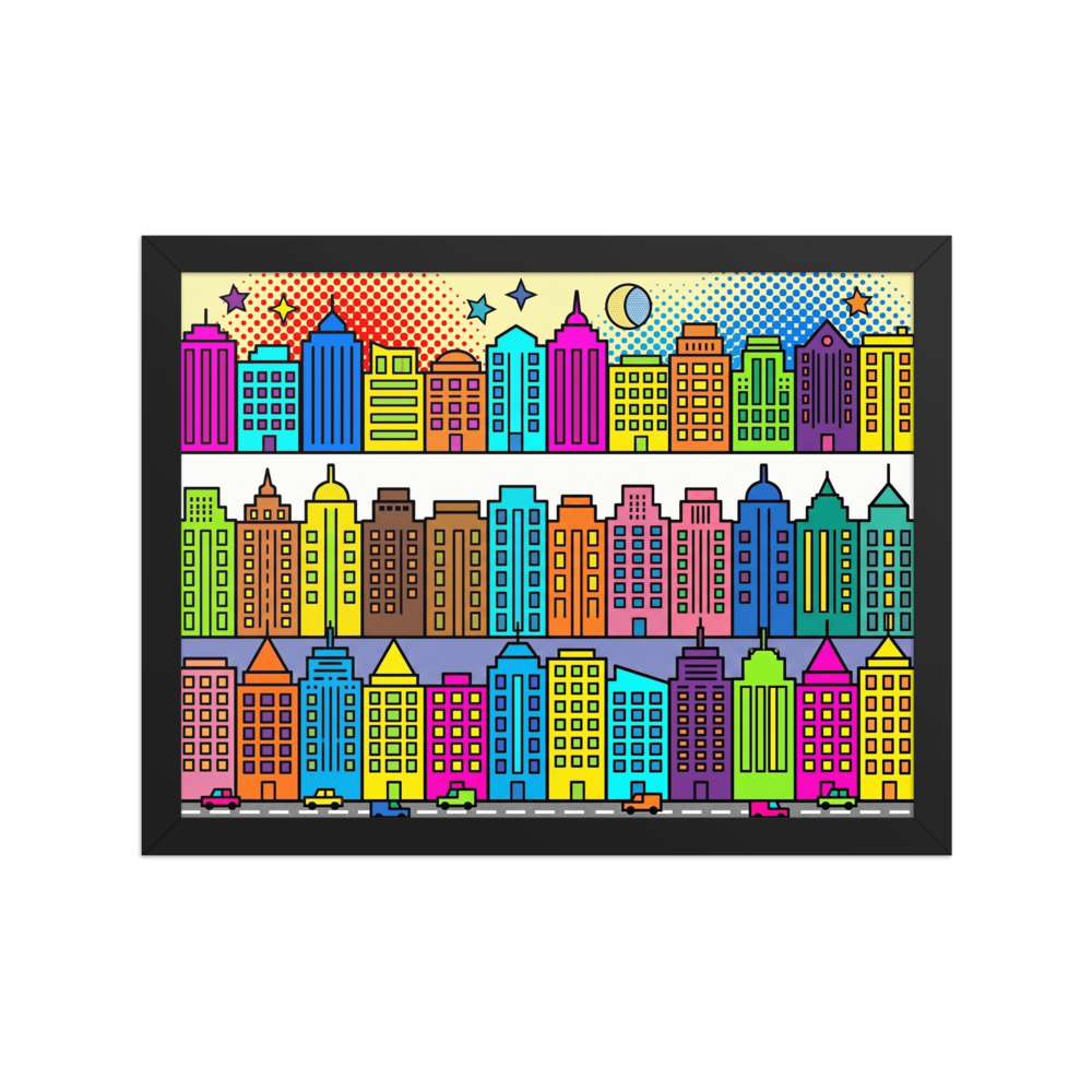 'Bright City Blocks' — a Pop art print. A vibrant pop art illustration showing rows of brightly colored city buildings, stars, and tiny cars, perfect for a playful office or nursery.