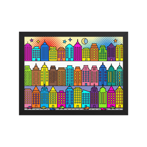 'Bright City Blocks' — a Pop art print. A vibrant pop art illustration showing rows of brightly colored city buildings, stars, and tiny cars, perfect for a playful office or nursery.