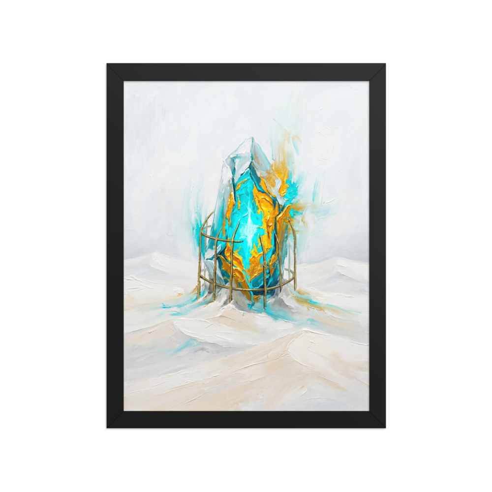 'Caged Luminescence' — a Surrealism,Abstract expressionism print. A surreal impasto oil painting of a glowing cyan and gold crystal in a cage rising from white snow, adding a striking abstract element to a modern office.