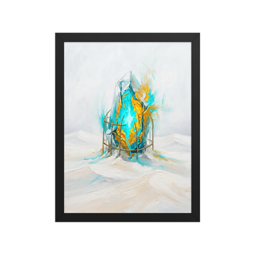 'Caged Luminescence' — a Surrealism,Abstract expressionism print. A surreal impasto oil painting of a glowing cyan and gold crystal in a cage rising from white snow, adding a striking abstract element to a modern office.