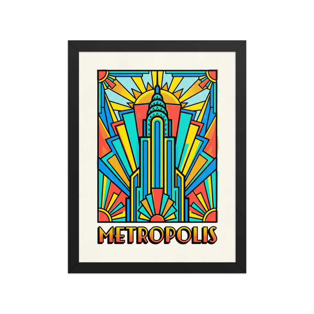 'Metropolis Deco' — a Pop art print. A vibrant pop art poster of an Art Deco skyscraper with sunbursts and the text METROPOLIS, perfect for a stylish home office or living room.